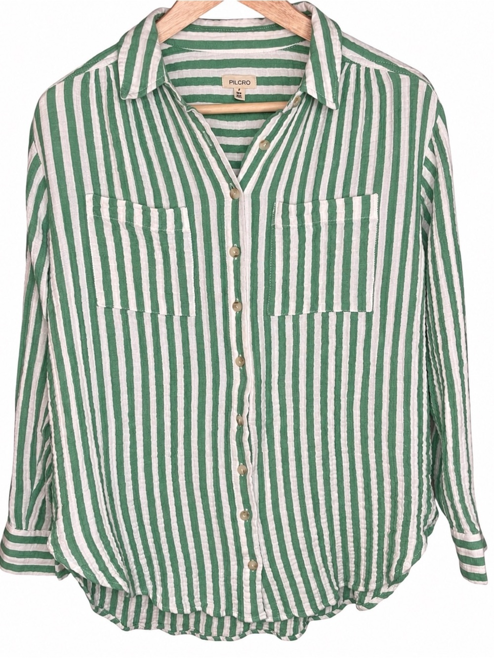 Pilcro Green and White Striped Button Down Shirt - Picture 14 of 15